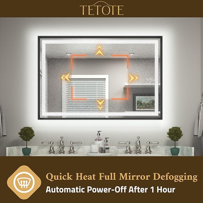 TETOTE 28 x 36 Bathroom LED Mirror Brushed Black Metal Frame Frontlit & Backlit Anti-Fog Stepless Dimmable 3 Colors White/Warm/Natural Mirror with Lights Wall-Mounted