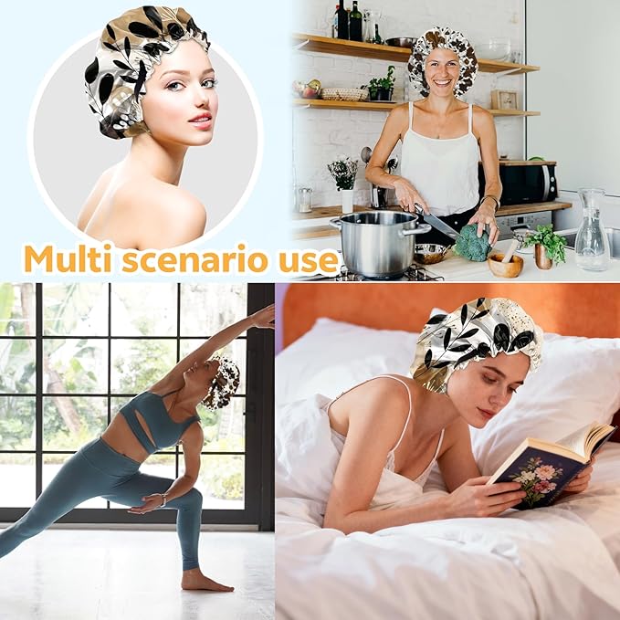 2 PCS Bonnets for Women Girls Satin Hair Bonnet Silk Adjustable Elastic Double Layer Hair Wrap Sleep Cap Comfort Cute-Cowhide Leaf