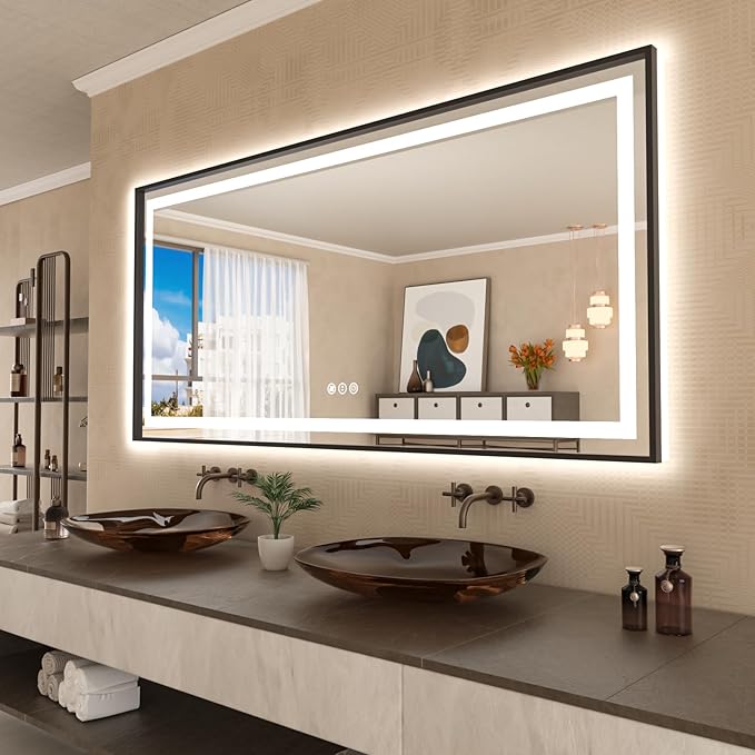 Amorho 84"X40" LED Bathroom Mirror Framed, Front Light and Backlit, Stepless Dimmable, Anti-Fog, Shatter-Proof, Memory, 3 Colors, Double LED Vanity Mirror