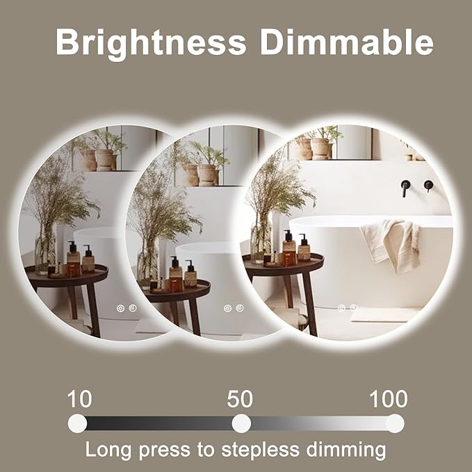 28 Inch Round LED Bathroom Mirror Backlit Anti-Fog Wall Mounted Lighted Bathroom Vanity Mirror 3 Colors Light Dimmable Smart Makeup Mirror with Touch Switch