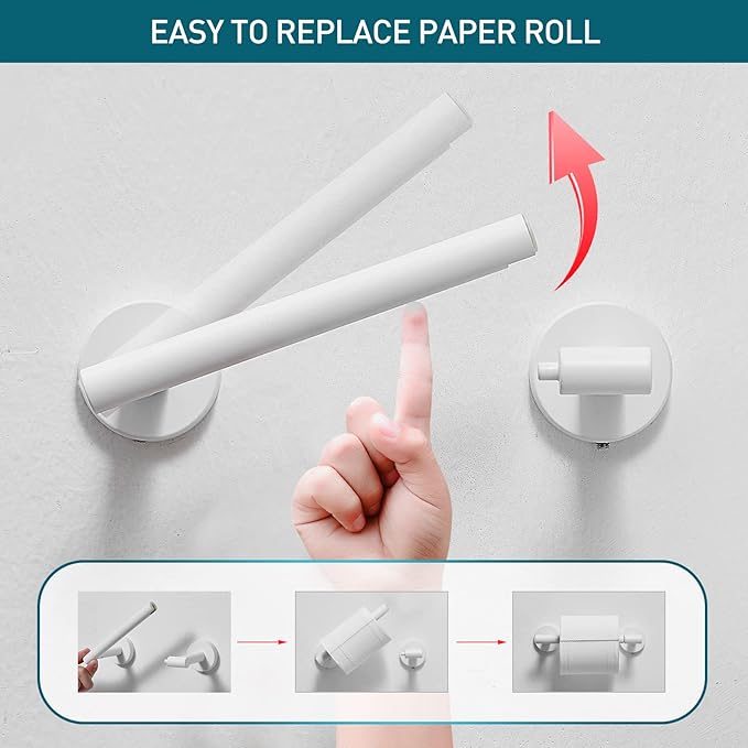 White Toilet Paper Holder Metal Bathroom Flexible Pivot Ceramic Jumbo Tissue Roll Holder on Wall Mounted, SUS 304 Stainless Steel Adjustable Toilet TP Mega Roll Holder Modern