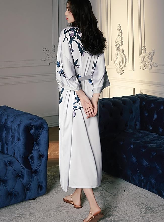Silk Satin Robe for Women Long Japanese Kimono Robe Lightweight Soft Bathrobe Floral Luxury Dressing Gown