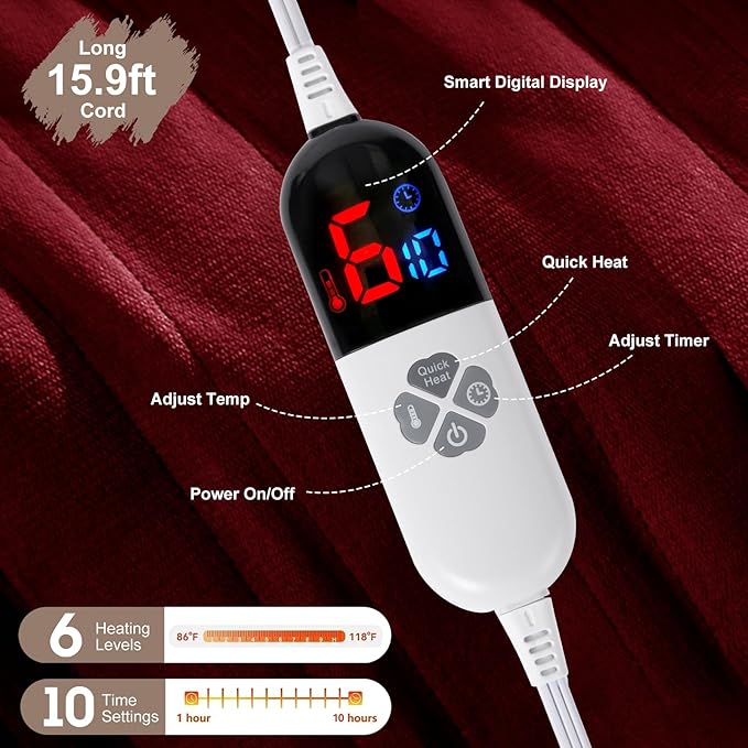 Full Size Heated Blanket Fast Heating - 72" x 84" Electric Blanket Full with 6 Heating Levels, 10 Hours Adjustable Timer, ETL Certified, Washable Heating Blankets for Home Office, Red