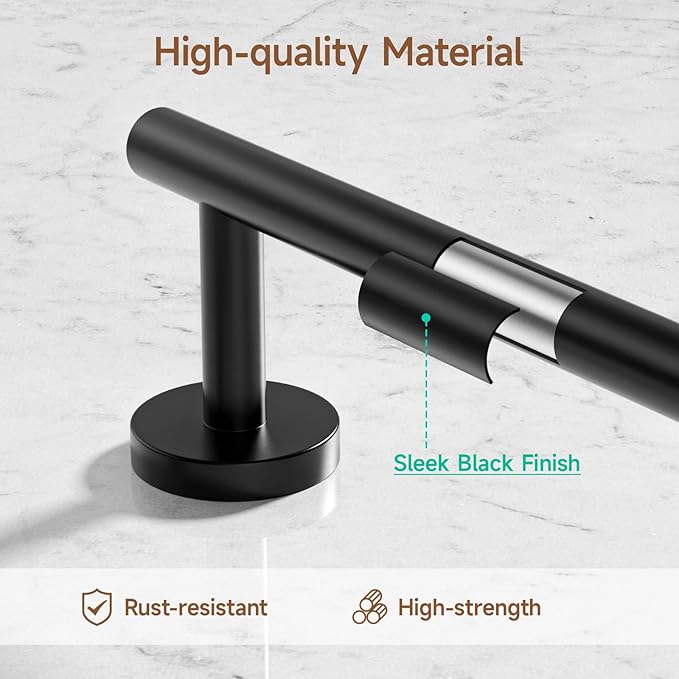 USHOWER Matte Black Bathroom Hardware Set, Modern 18-Inch Towel Bar Set Wall Mounted, Durable SUS304 Stainless Steel Bathroom Accessories Set, 4-Piece
