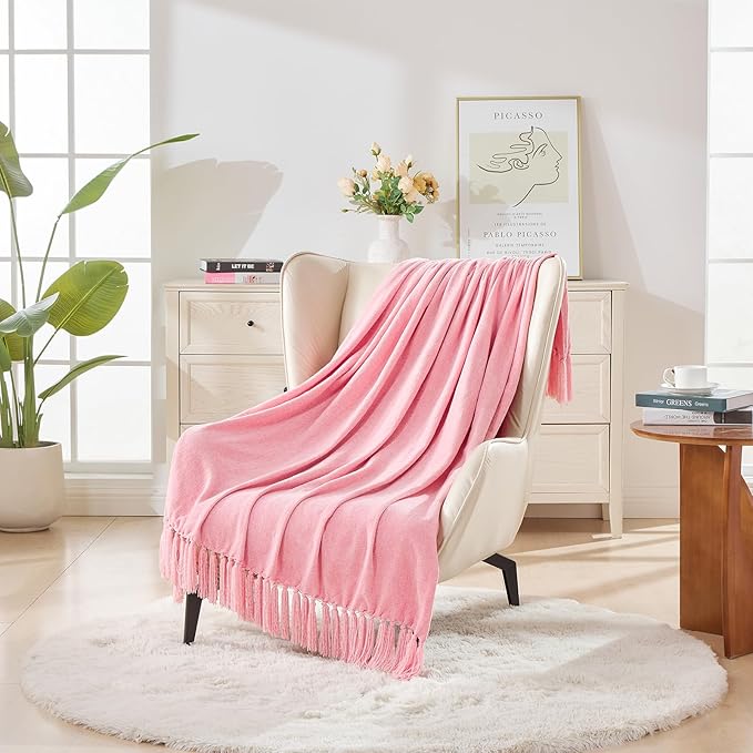 CozeCube Chenille Throw Blanket for Couch, Cozy Plush Fuzzy Decorative Pink Blanket with Fringe Tassels, Lightweight Throws for Bed Sofa Gift Home Decor, 60"X80"