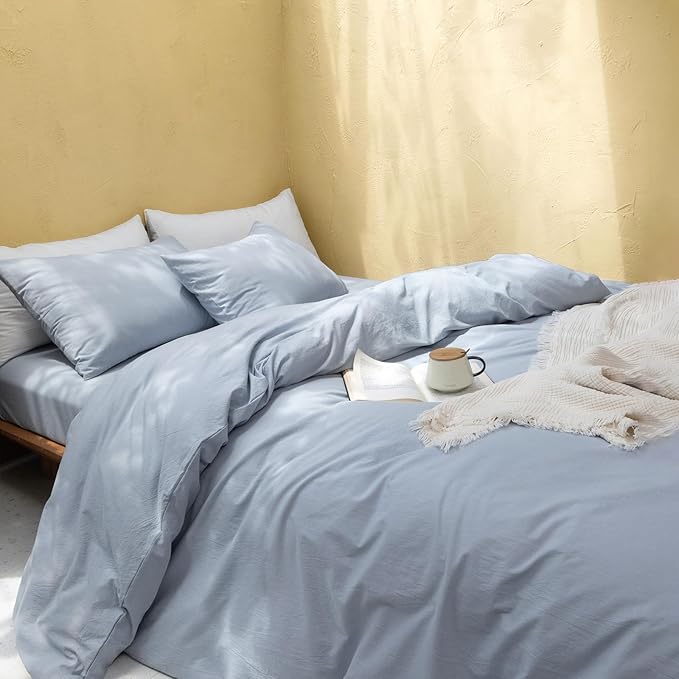 FOSSA Duvet Cover Set 100% Washed Cotton Linen Feel Super Soft Breathable Cozy 3 Pieces Bedding Sets Solid Cornflower Blue California King