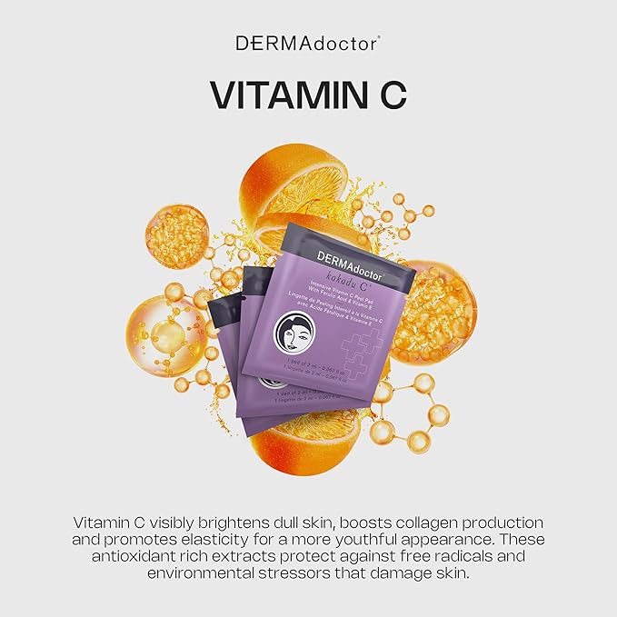 DERMAdoctor Exfoliating Toner Pads - Illuminating Chemical Peel for Face - Vitamin C Glycolic, Lactic Acid - AHA & BHA Liquid Exfoliant Pore Pads for Wrinkles Uneven Skin Tone Enlarged Pores -30 Pack