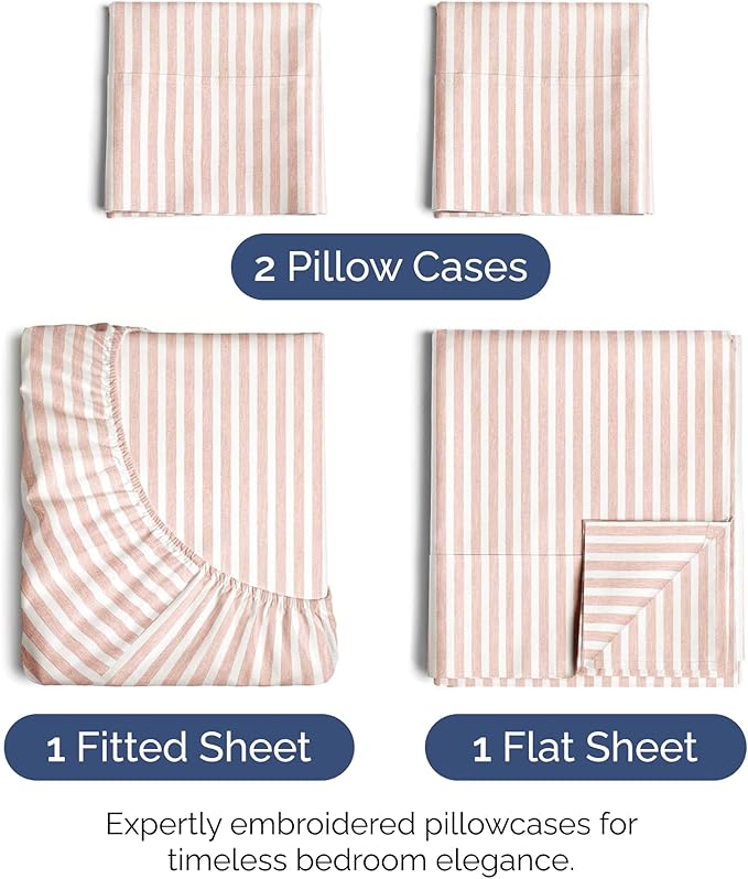 Queen Size 4-Piece Sheet Set - Extra Soft, Breathable & Cooling - Hotel Luxury Durable Bed Sheets - Deep Pockets, Easy-Fit & Wrinkle-Free - Blush Stripes Oeko-Tex