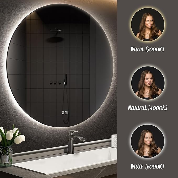 APRILSOUL 44 Inch Round LED Backlit Bathroom Mirror, Vanity Mirror with Anti-Fog, Touch Button, 3 Colors and Dimmable Light