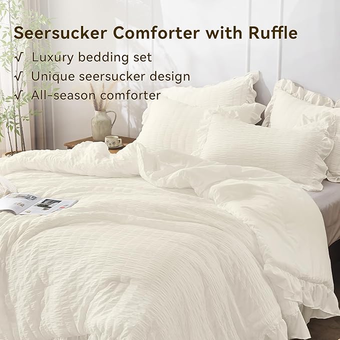 JOLLYVOGUE Ivory Comforter Full Size, 3 Pieces Seersucker Lightweight Full Size Bedding, All Season Fluffy Microfiber Bedding Comforter Set with 1 Ruffle Comforter and 2 Ruffle Pillowshams