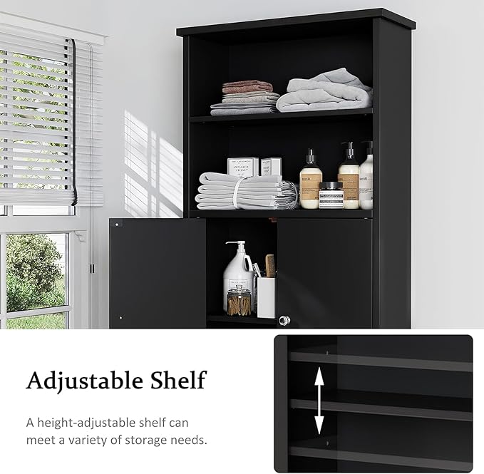 Meilocar Over The Toilet Storage Cabinet for Bathroom, 75in Black Over Toilet Cabinet Freestanding Storage Organizer, Space Saver with Doors and Adjustable Shelf, Black