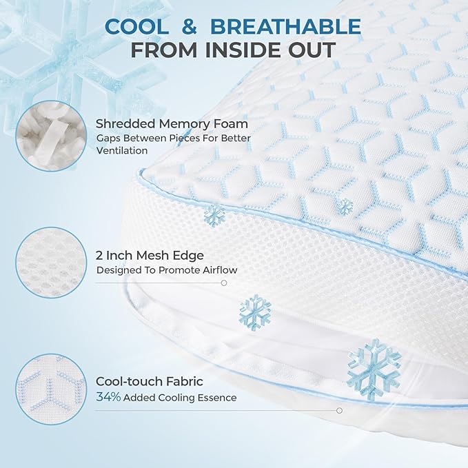 Sweetnight Cooling Pillows Queen Size Set of 2, Shredded Memory Foam Pillows 2 Pack for Hot Sleepers, Cold Bed Pillows for Sleeping, Washable with Removable Cover, Cool Night