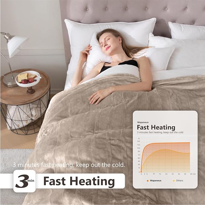 Wapaneus Heated Blanket Electric Queen Size 84"x90"-Dual Control with 10 Heat Levels 12 Timer Settings and 8 Hours Auto-Shut Off,Fast-Heating Electric Blanket,ETL Listed Machine Washable,Mushroom
