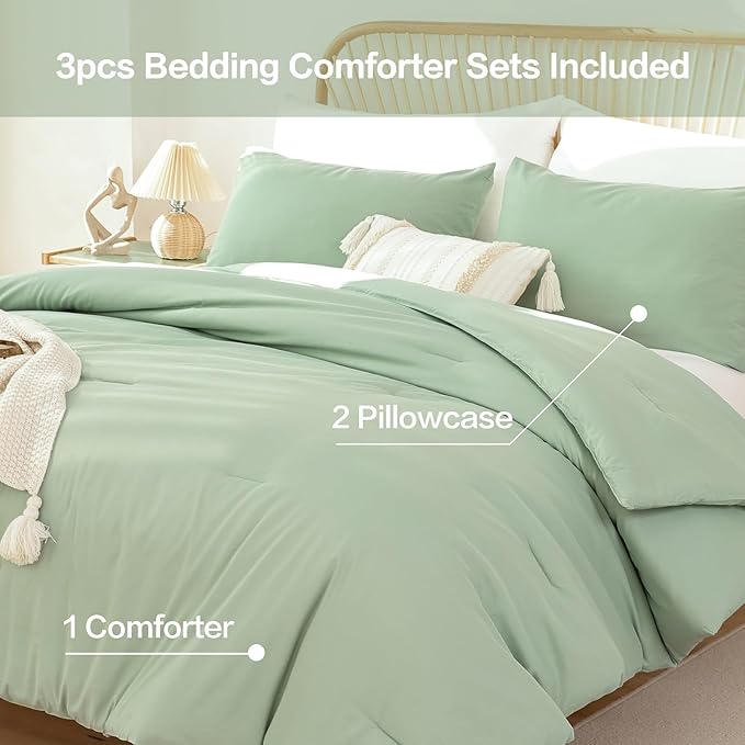 ROSGONIA Queen Comforter Set Sage Green, 3pcs Bedding Sets Queen (1 Boho Sage Comforter& 2 Pillowcases), All Season Lightweight Blanket Quilt