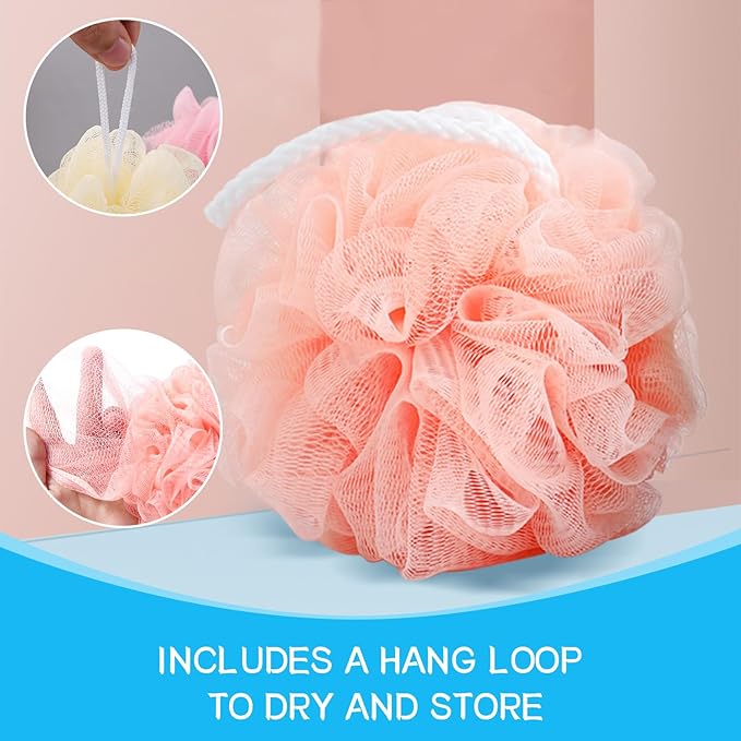 Loofah Sponge Shower Loofahs Bath Sponges Mesh Balls for Women Men Bathing Accessories Body Wash Back Scrubber 50g Soft Pouf Body Scrubber Loofahs Puff Pack, Exfoliate, Cleanse, Soothe Skin (4 Colors)