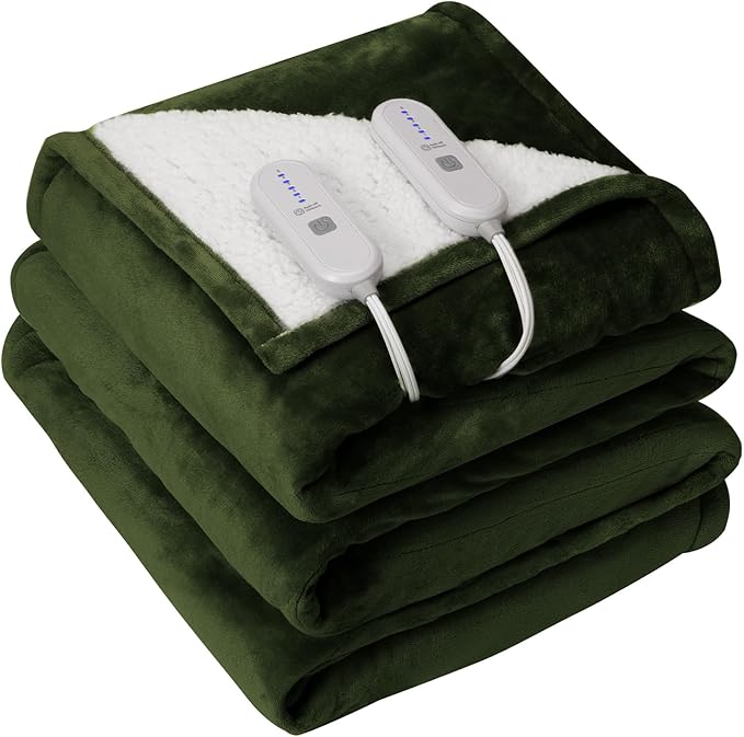 King Heated Blanket Dual Control - 100 X 90 Inch Washable Electric Blanket with 5 Heating Levels, 10 Hours Auto Off, ETL Certified, Soft Flannel Sherpa Heating Blankets for Bed, Green