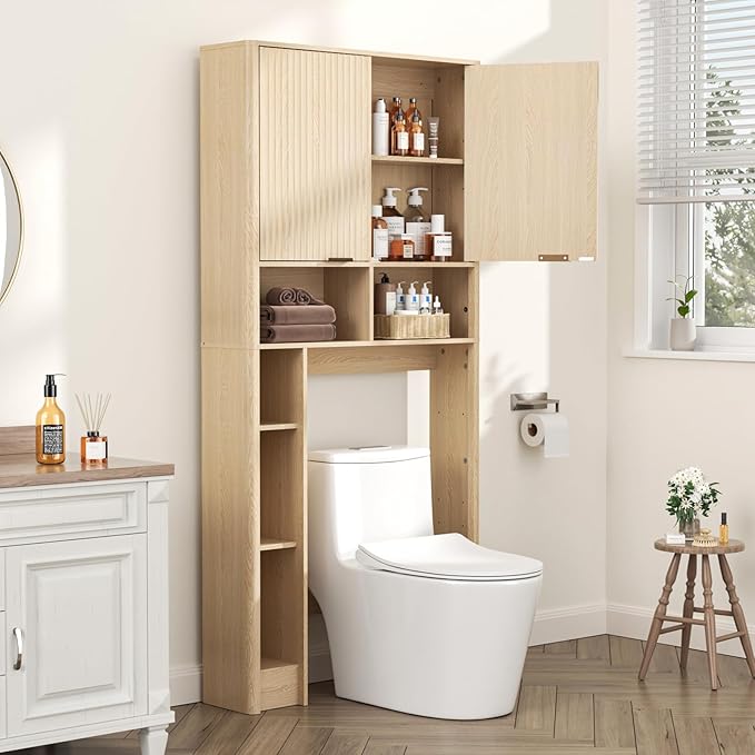 31" W Over The Toilet Storage Cabinet with Fluted Door, Oak Bathroom Organizer with Adjustable Shelf, Natural Toilet Paper Holder Stand Wave Door for Restroom, Laundry Room
