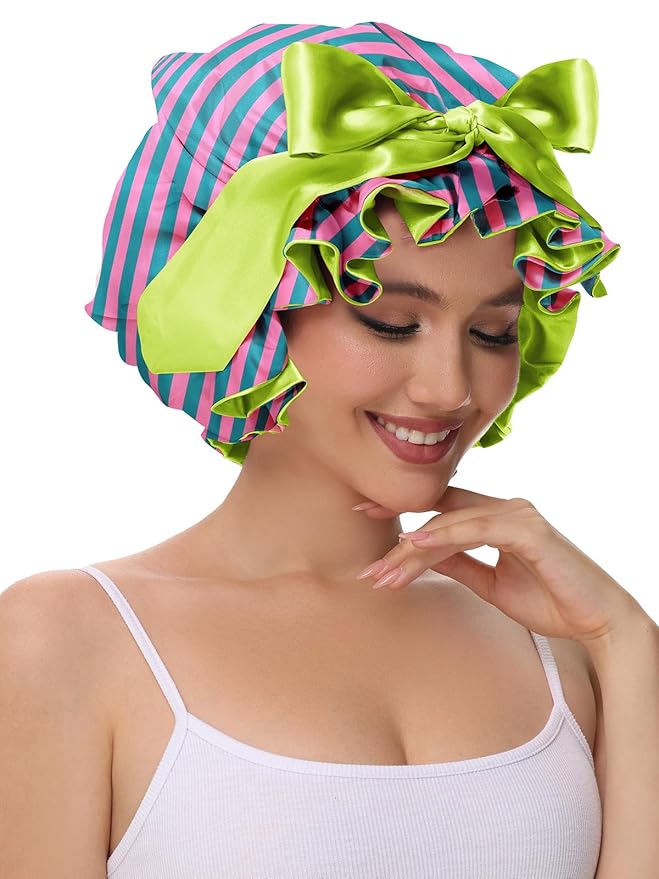 Silk Hair Bonnet for Sleeping, Satin Shower Cap for Women 2025 with Tie Band and Adjustable Straps Head Wrap for Curly Hair Pink-Red-Green F