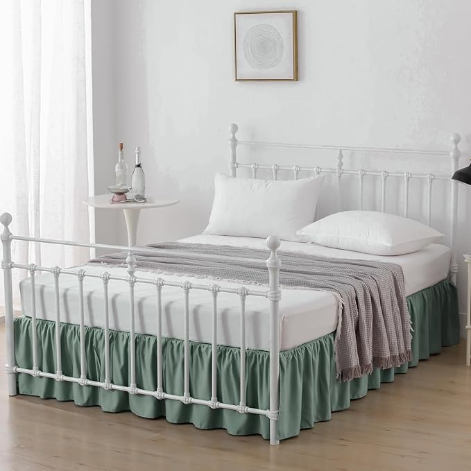 Bed Skirt King Size Ruffled Bed Skirts with Split Corners, 12 Inch Drop Dust Ruffle Bed Skirt with Platform, Sage Green, 12" King