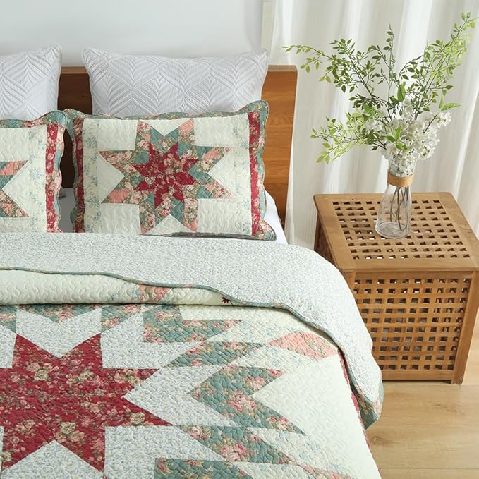 Cotton Bedspread Quilt Bedding Sets, 3 Pieces Reversible Coverlets Comforters Star with Red Floral Real Patchwork Bedspread, King Size