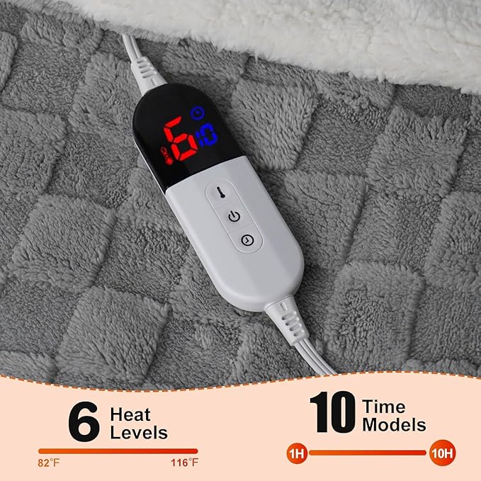Electric Blanket, Heated Blanket with 6 Heat Levels & 10 Hours Auto Off, Soft Checked Flannel Fast Heating Blanket with ETL & FCC Certification (Gray, 90"X100")