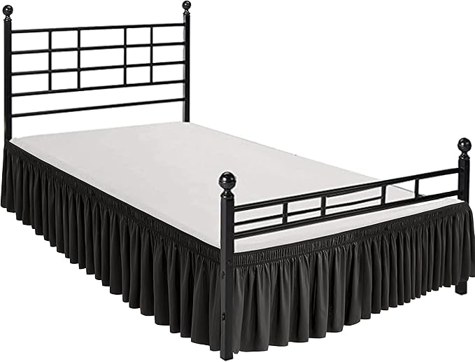 Biscaynebay Wrap Around Bed Skirts with Split Corners for Full Beds 17" Drop, Black Elastic Dust Ruffles Easy Fit Wrinkle & Fade Resistant Silky Luxurious Fabric Solid Machine Washable