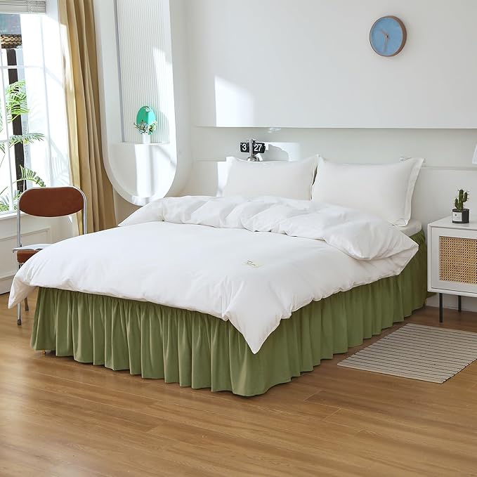 MEILA Queen Bed Skirt, Wrap Around Ruffle Bed Skit for Queen Beds with 16 inch Drop, Elastic Dust Ruffles Easy Fit Wrinkle & Fade Resistant, Sage