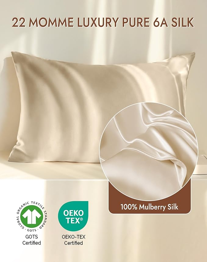 SilkSilky 100% Mulberry Silk Pillowcase - Pure 22 Momme High-Grade 6A Fibers for Hair & Skin, Envelope Closure, Natural, Organic, Breathable & Cooling Pillow Case (King, Beige)