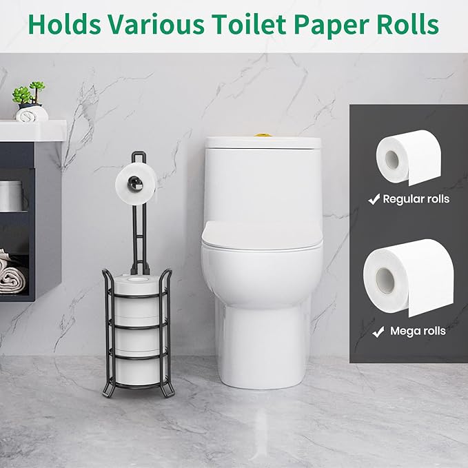 TomCare Toilet Paper Holder Toilet Paper Stand and Dispenser for 3 Spare Rolls Metal Wire Free-Standing Toilet Tissue Paper Roll Storage Shelf Bathroom Accessories Storage Organizer Black