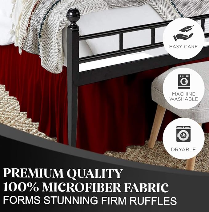 Ruffled Bed Skirt with Split Corners, Burgundy, Queen 16 Inch Drop Bedskirt, Hotel Quality Brushed Microfiber Wrinkle Free Dust Ruffle Bed Skirt Queen Size