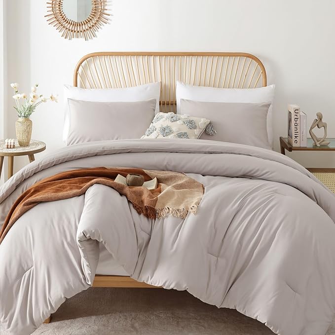 ROSGONIA Comforter Full Size for Girls Boys Teens Linen Grey, 3pcs (1 Gray Comforter & 2 Pillowcases) Lightweight Dorm Bedding Full Size