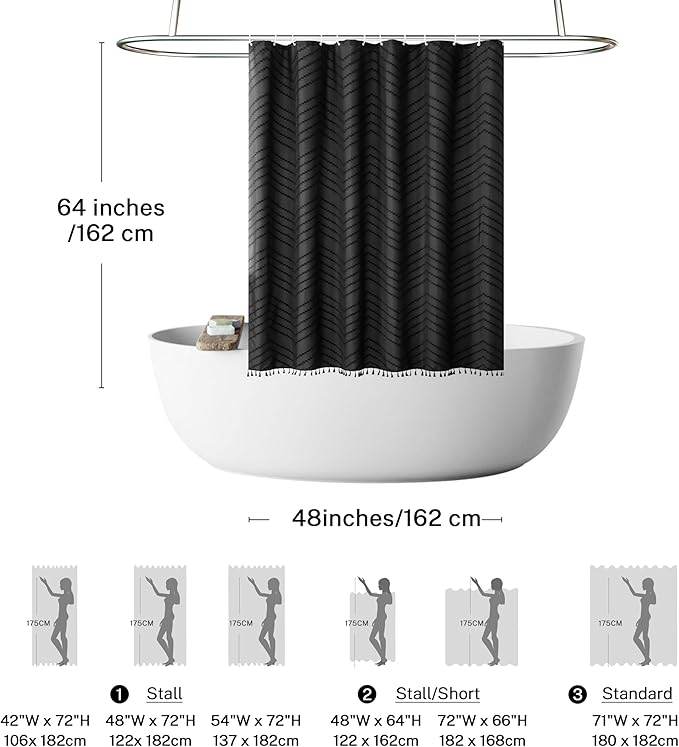 Stall Boho RV Black Tassel Woven Fabric Short Shower Curtain 48 x 64 Modern Farmhouse Textured Tufted Chevron Striped Minimalist Bathroom Shower