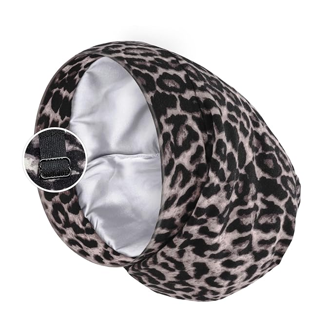 Satin Lined Sleep Cap Bonnet for Curly Hair and Braids, Stay On All Night Hair Wrap with Adjustable Strap for Women and Men, Grey Leopard, Pack of 1