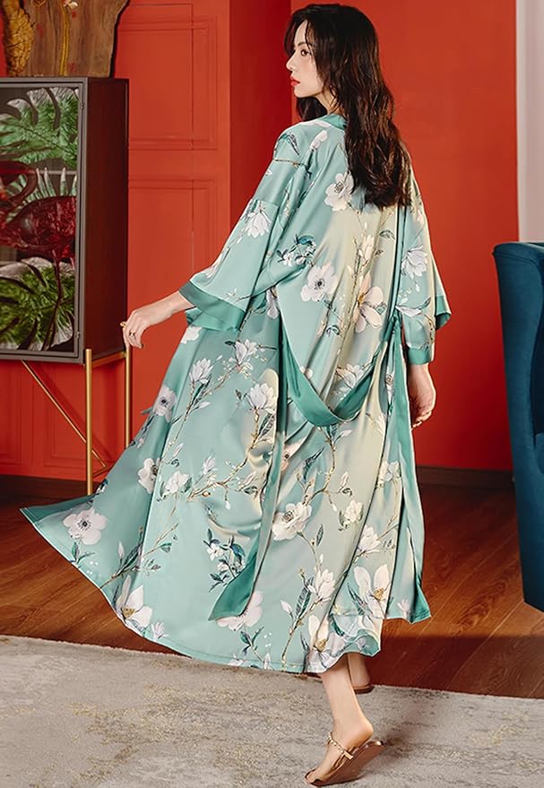 Silk Satin Robe for Women Long Japanese Kimono Robe Lightweight Soft Bathrobe Floral Luxury Dressing Gown