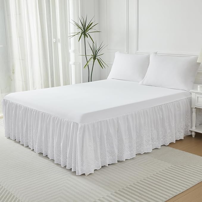Brandream White Eyelet Bed Skirt Queen Size 100% Cotton Ruffled Dust Ruffle Bed Skirt 18 Inch Drop with Embroidered Floral Design Queen Size Beds