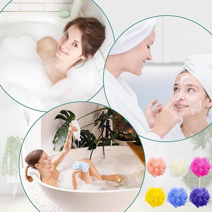 Sunnyray 100 Pcs Bath Sponge Shower Loofahs Bulk Bath Luffas Exfoliating Body Scrubber Packs Assorted Colors Mesh Balls Travel Cleaning Wash Puff Bathing Accessories for Women Men Body Wash, 6 Colors