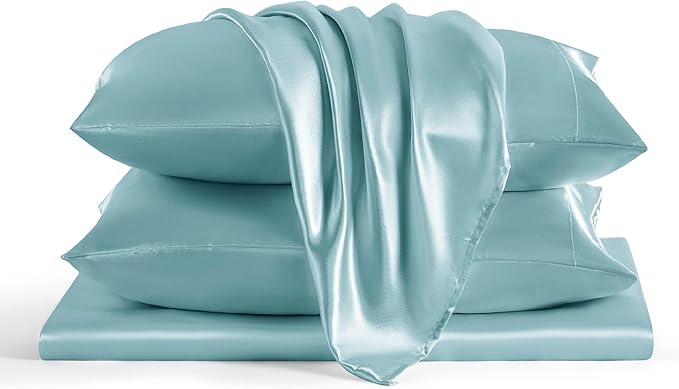 Bedsure Satin Sheets Full Size - 4 Piece Silky Bedsheets with 15 Inches Deep Pocket Fitted Bedsheet,1 Flat Sheet, 2 Satin Pillowcases, Good for Hair & Skin (Full, Blue)