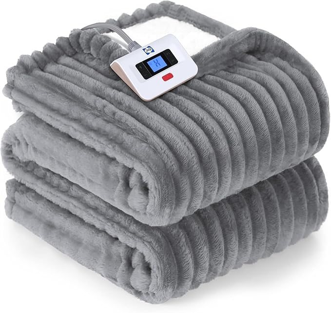 SEALY Electric Blanket Full Size, Soft Ribbed Flannel to Sherpa Reversible Heated Blanket with 10 Heat Settings & 1-12 Hours Auto-Off Overheat Protection, Machine Washable, 72"x84" Light Grey
