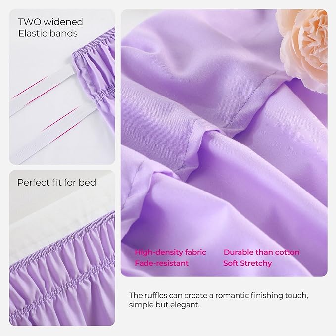 RIMELA Lilac Purple Bed Skirt Twin Size 15 Inch Drop, Elastic Bed Skirting for Bed Base and Frame, Bedding Dust Ruffle Easy to Install, Lightweight Wrap Around Adjustable Bedskirt