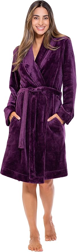 Turquaz Robes For Women, Womens Fleece Shawl Collar Soft Plush Knee Length Spa Robe