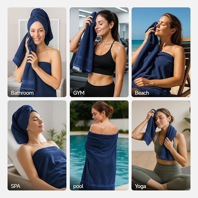 REDKISS Luxury 100% Cotton 8 Piece Bath Towel Sets, 2 Bath Sheets (35x70 in), 2 Hand, 4 Washcloths, Super Absorbent & Quick-Dry Shower Towel for Bathroom Spa Gym Hotel Yoga - Blue