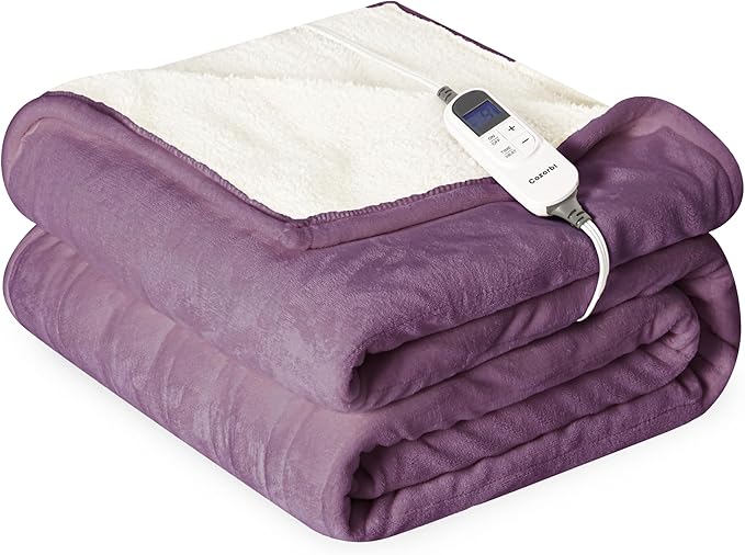 Heat Blanket 50”x60” Throw,Soft Flannel & Sherpa Reversible Electric Blanket with 10 Heat Settings,12 Timer Setting and 3 Hours Auto-Shut Off,ETL Certified Machine Washable,Purple