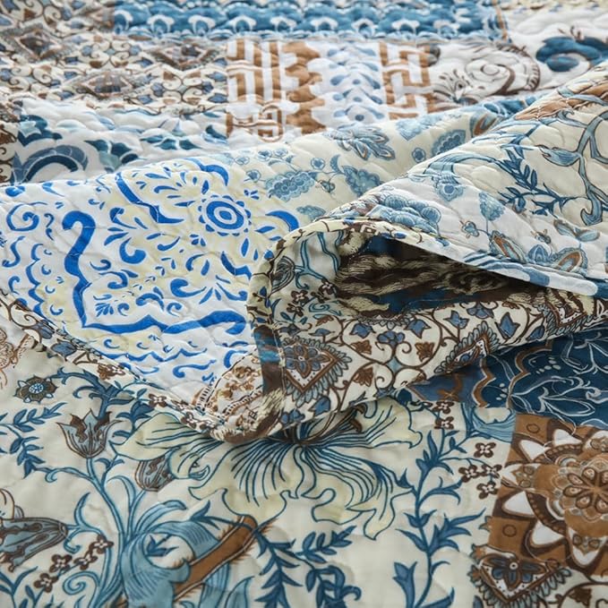 ENASAL Cotton Bedspread Quilt Bedding Sets Reversible Coverlet Comforters Blue Bohemian Rustic Floral Patchwork Pattern Bedspread for All Season,King Size