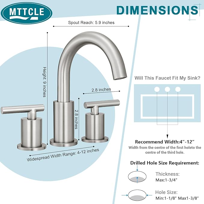 8 Inch Widespread Bathroom Faucet 3 Hole with Pop-up Drain, 2 Handle Bathroom Sink Faucet, Modern Vanity Faucet for Bathroom Sink with 360° Swivel Spout（Brushed Nickel）