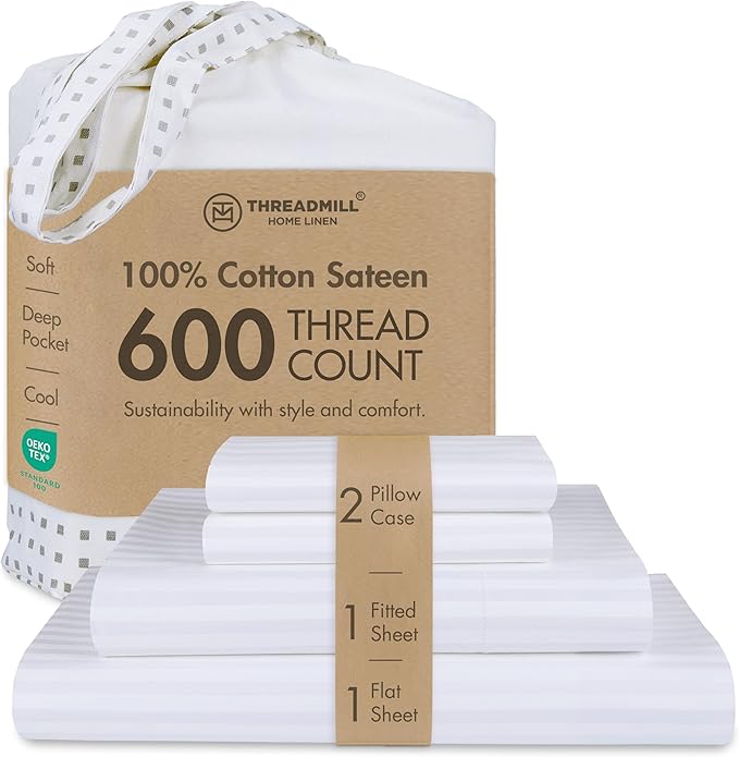 Threadmill 100% Cotton Sheets for Full Size Bed - 600 Thread Count Full Bed Sheets Set with 16” Deep Pocket - Damask Stripe Sateen Weave 4-Piece Bedding Set with Cooling Effect, White
