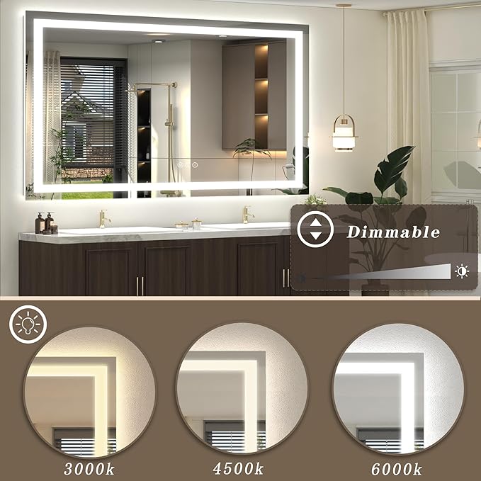 55x40 inch Large LED Mirror for Bathroom, Lighted Vanity Mirror for Wall, Dimmable, Anti-Fog, Shatter-Proof, ETL Listed (Front Lights + Backlit)