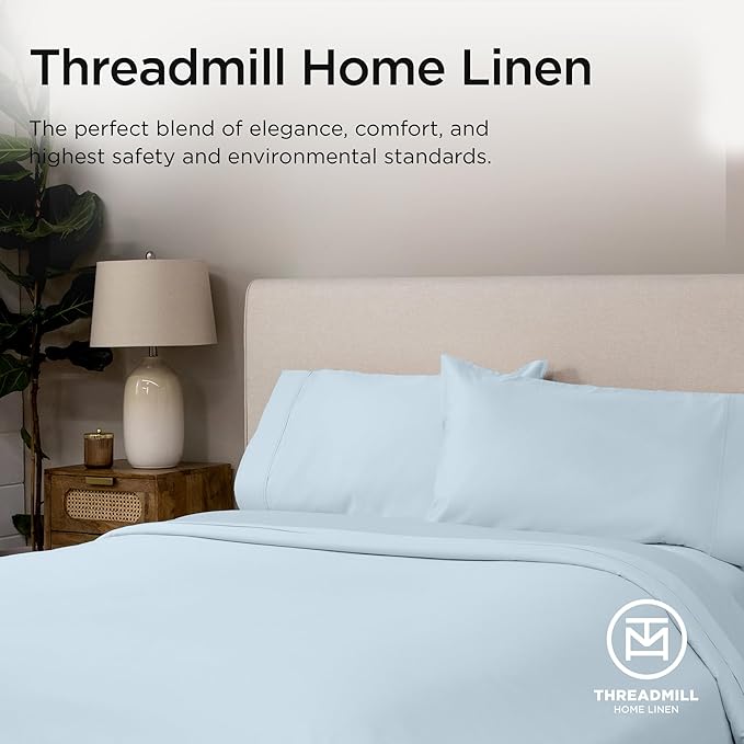 Threadmill California King Sheets, Certified American Supima Cotton Sheets, 1000 Thread Count Hotel Quality Sheet, 4 Piece Luxury Bed Sheet Set with Elasticized Extra Deep Pocket, Light Blue