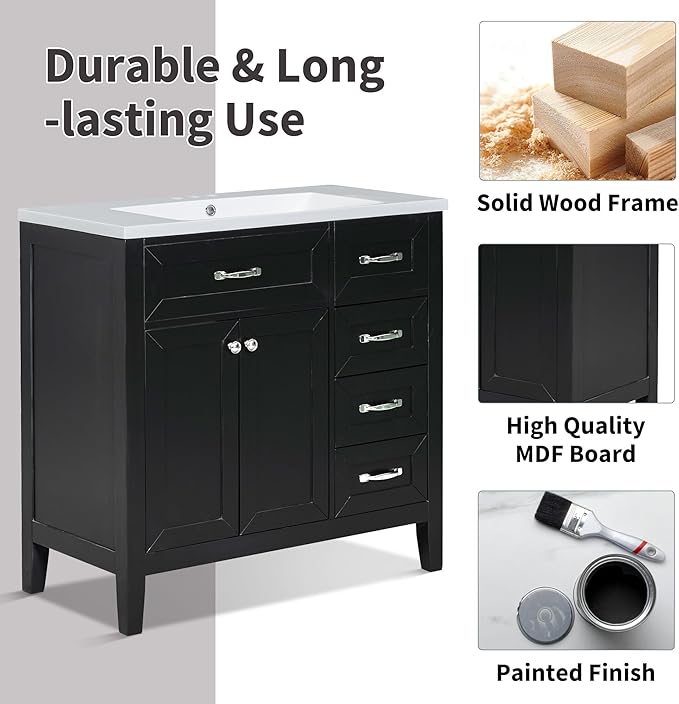 Favfurish 36" Bathroom Vanity with Sink Combo,Bathroom Vanity Cabinet with Two Soft-Closing Doors and Four Drawers,Free Stading Vanities w/Modern Design,for Bathroom,Easy Assembly,Black