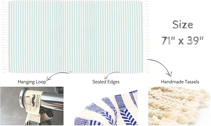 Bazaar Anatolia Turkish Beach Towel – 100% Cotton, Quick Dry, Sand Free Towel for Bathroom, Travel, Camping – Oversized 71x39 Inches – Arpa Mint