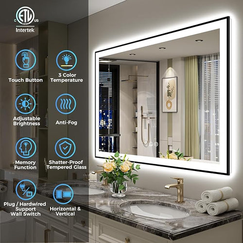 55x36 Inch LED Bathroom Mirror with Lights (Front Lit and Backlit) Black Framed Lighted Vanity Mirror for Bathroom Wall Dimmable Anti-Fog Memory Tempered Glass Horizontal/Vertical